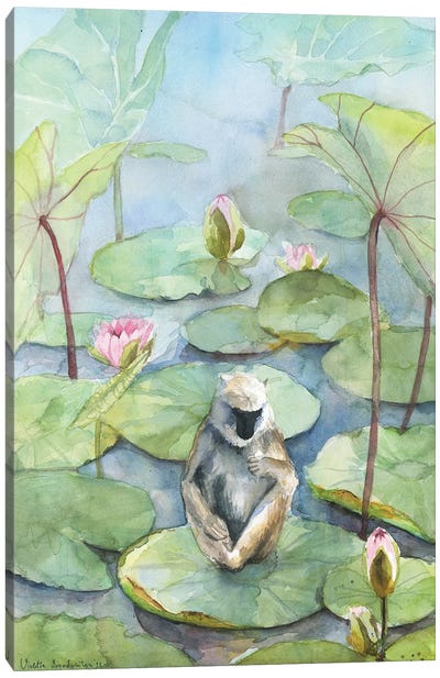 Monkey In A Lily Pond, Dreamy Watercolor Fantasy Landscape Canvas Art Print - Violetta Boyadzhieva