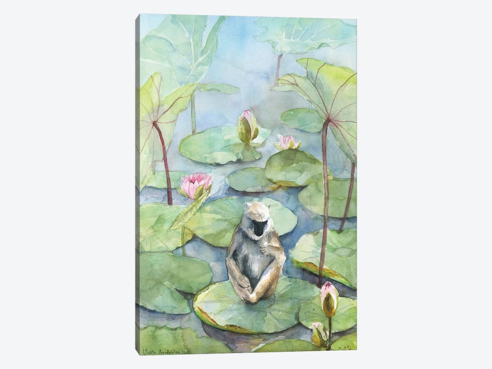 Monkey In A Lily Pond, Dreamy Watercolor Fantasy Landscape by Violetta Boyadzhieva 1-piece Canvas Art Print