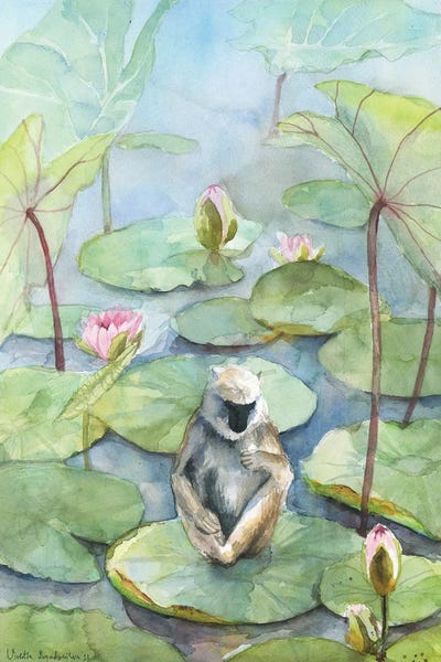 Monkeys: Monkey In A Lily Pond, Dreamy Watercolor Fantasy Landscape by Violetta Boyadzhieva