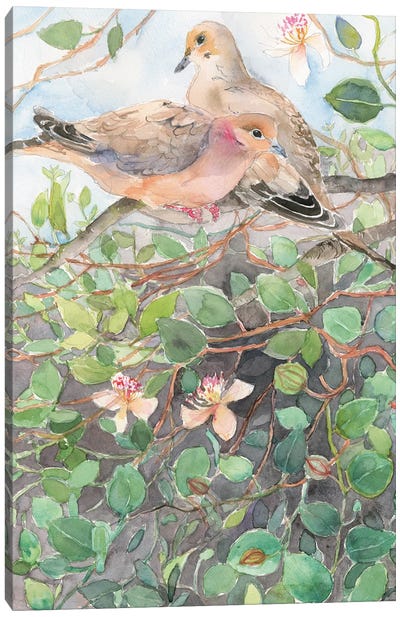 Doves On A Floral Branch, Spring Bloom Canvas Art Print - Violetta Boyadzhieva