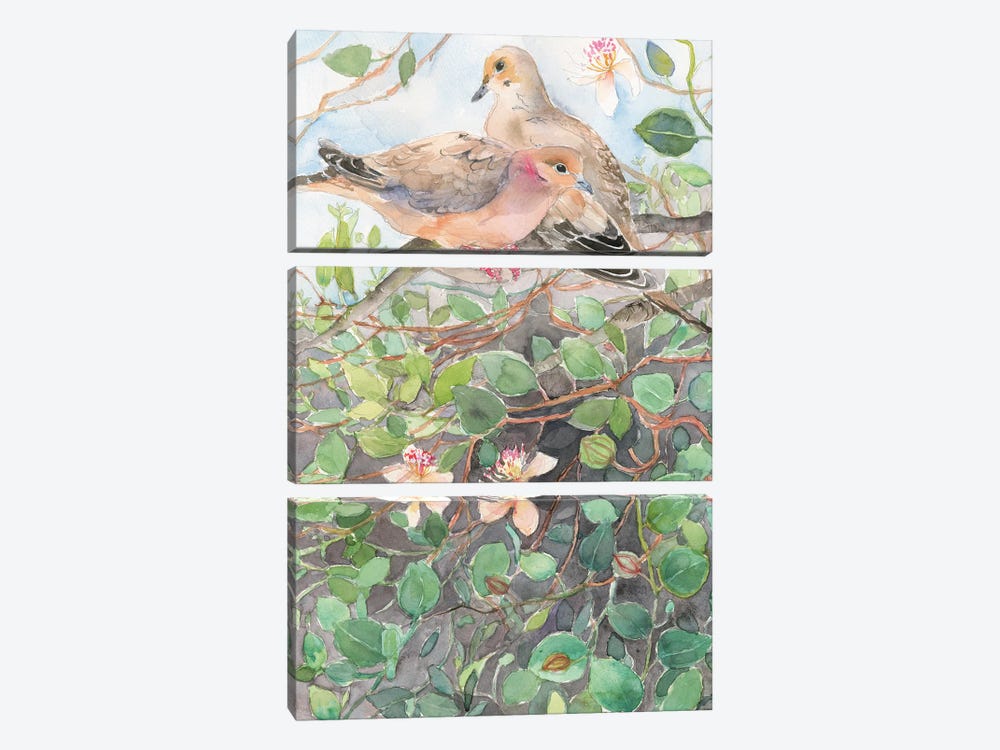 Doves On A Floral Branch, Spring Bloom by Violetta Boyadzhieva 3-piece Art Print