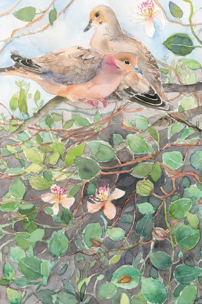 Doves On A Floral Branch, Spring Bloom