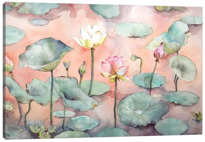 Sunset At The Lotus Lake, Romantic Evening Canvas Art Print - Pond Art