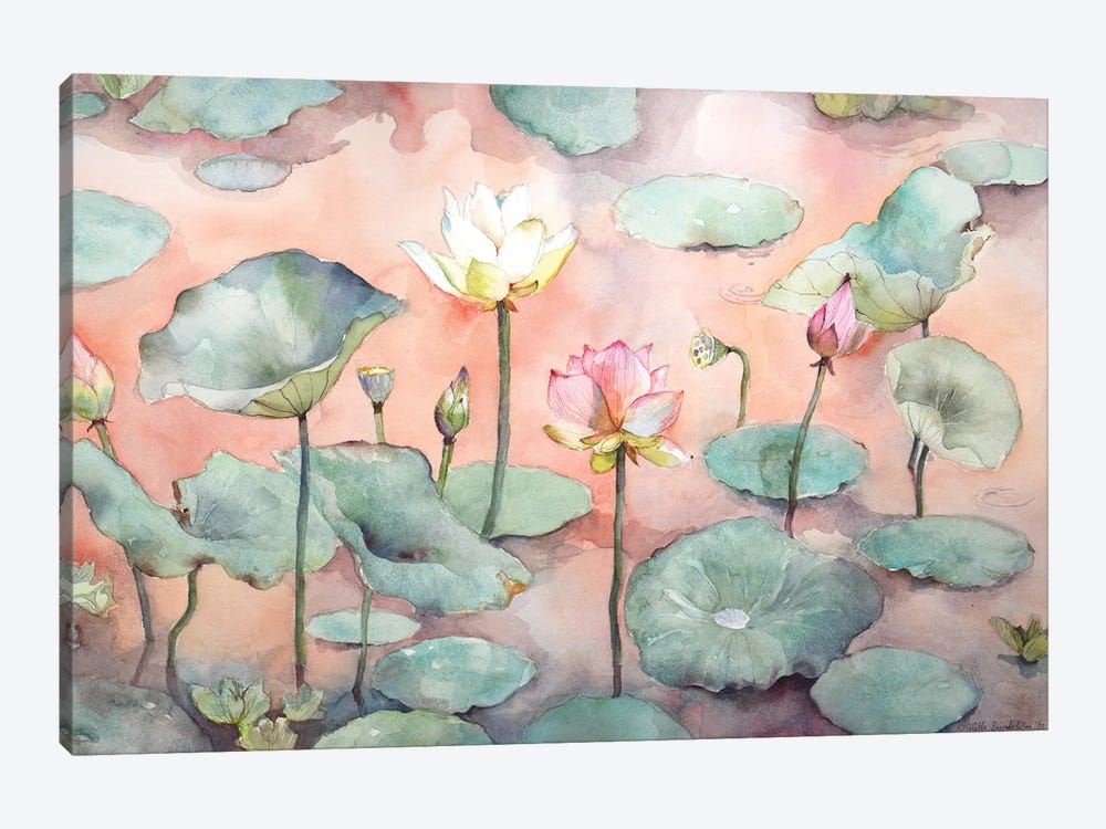 Sunset At The Lotus Lake, Romantic Evening by Violetta Boyadzhieva 1-piece Canvas Print