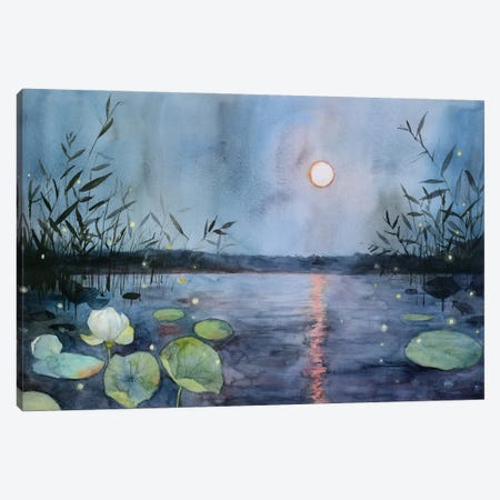 Fireflies At Night On The Full Moon Lake, Moonlit Lake Canvas Print #VBY80} by Violetta Boyadzhieva Canvas Print