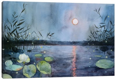 Fireflies At Night On The Full Moon Lake, Moonlit Lake Canvas Art Print - Violetta Boyadzhieva