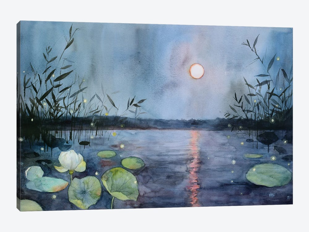 Fireflies At Night On The Full Moon Lake, Moonlit Lake by Violetta Boyadzhieva 1-piece Canvas Artwork