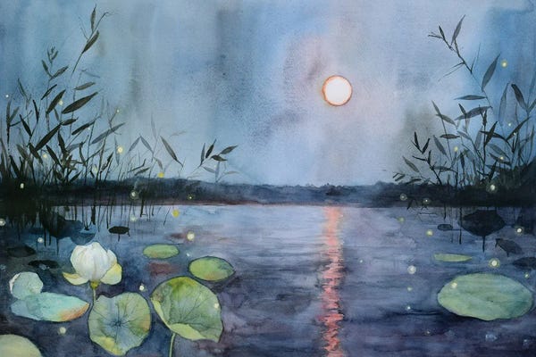 Fireflies: Fireflies At Night On The Full Moon Lake, Moonlit Lake by Violetta Boyadzhieva