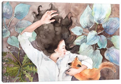 Winter Slumber, Sleeping With A Fox In The Forest Canvas Art Print - Violetta Boyadzhieva