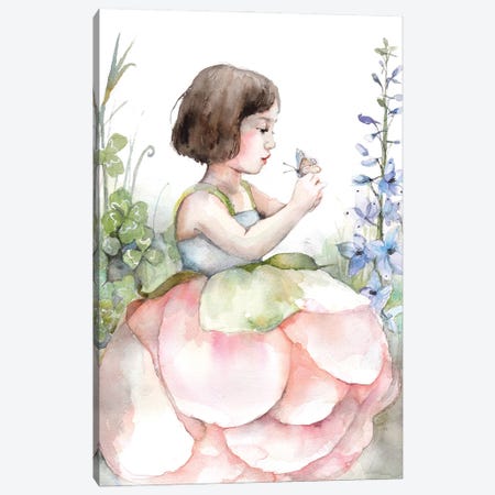 Little Girl In A Peony Dress, Looking At A Butterfly, Clover Field Canvas Print #VBY82} by Violetta Boyadzhieva Art Print