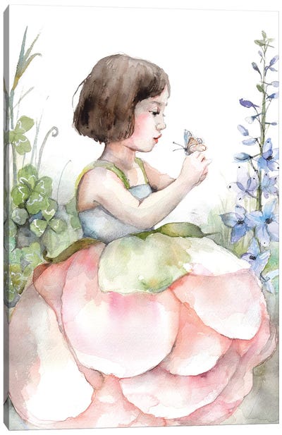 Little Girl In A Peony Dress, Looking At A Butterfly, Clover Field Canvas Art Print - Violetta Boyadzhieva
