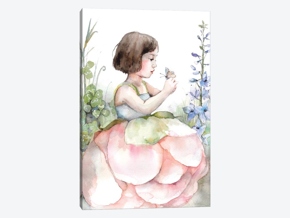 Little Girl In A Peony Dress, Looking At A Butterfly, Clover Field by Violetta Boyadzhieva 1-piece Canvas Wall Art