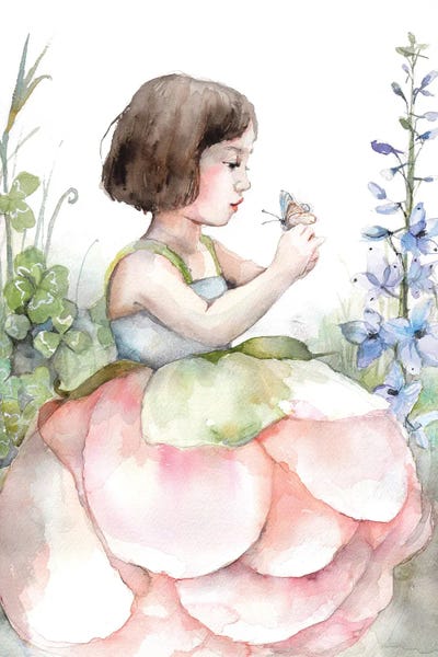 Peonies: Little Girl In A Peony Dress, Looking At A Butterfly, Clover Field by Violetta Boyadzhieva