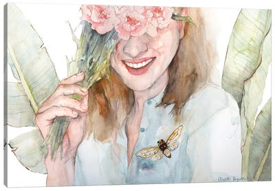 Smiling Happy Woman With Pink Carnations Canvas Art Print - Violetta Boyadzhieva