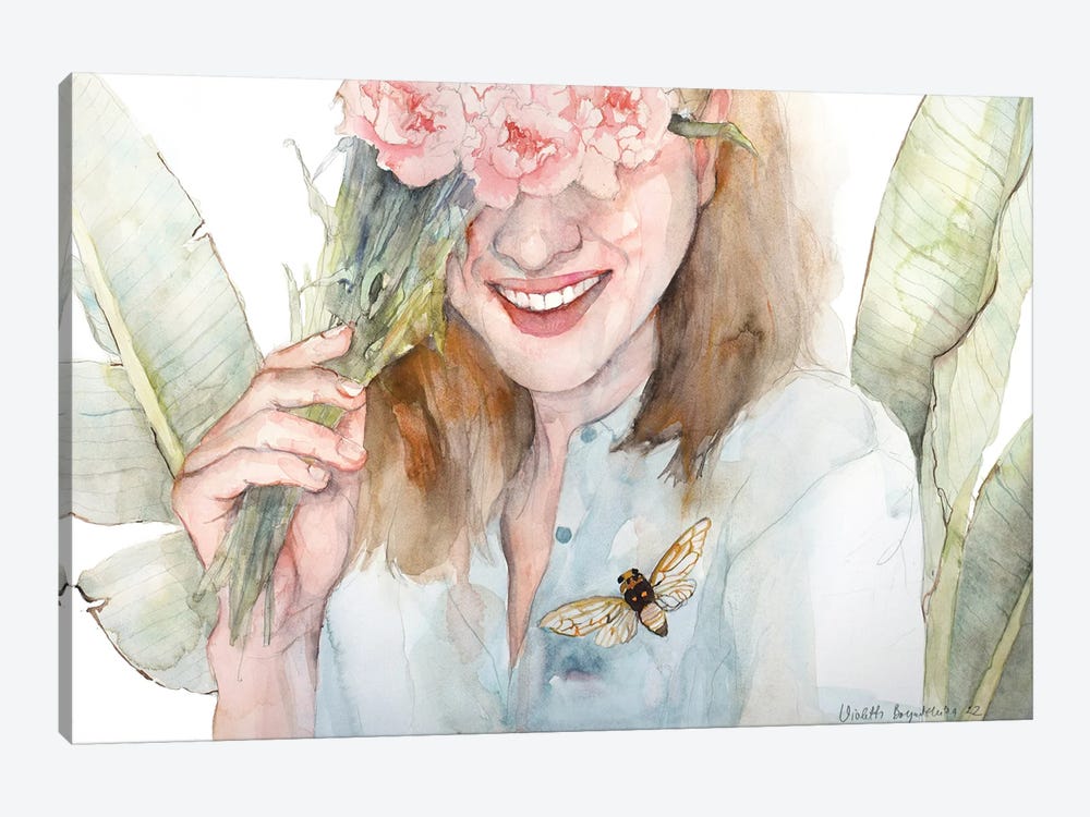 Smiling Happy Woman With Pink Carnations by Violetta Boyadzhieva 1-piece Art Print