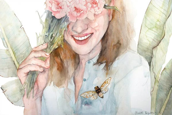 Violetta Boyadzhieva: Smiling Happy Woman With Pink Carnations by Violetta Boyadzhieva