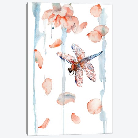Dragonfly And Peony Petals Painting, Watercolor Canvas Print #VBY85} by Violetta Boyadzhieva Canvas Art