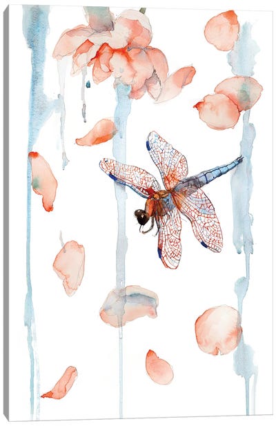 Dragonfly And Peony Petals Painting, Watercolor Canvas Art Print - Violetta Boyadzhieva