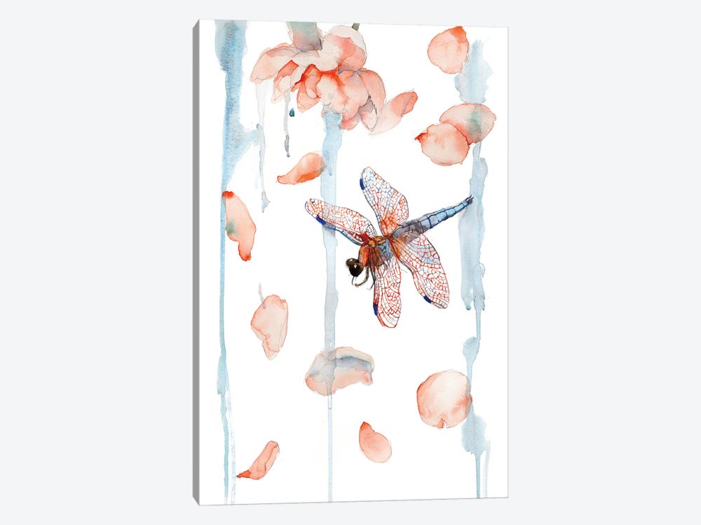 Dragonfly And Peony Petals Painting, Watercolor by Violetta Boyadzhieva 1-piece Canvas Print