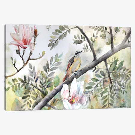 Bird On A Branch, Tree, Magnolia Blossoms, Spring Canvas Print #VBY86} by Violetta Boyadzhieva Canvas Artwork