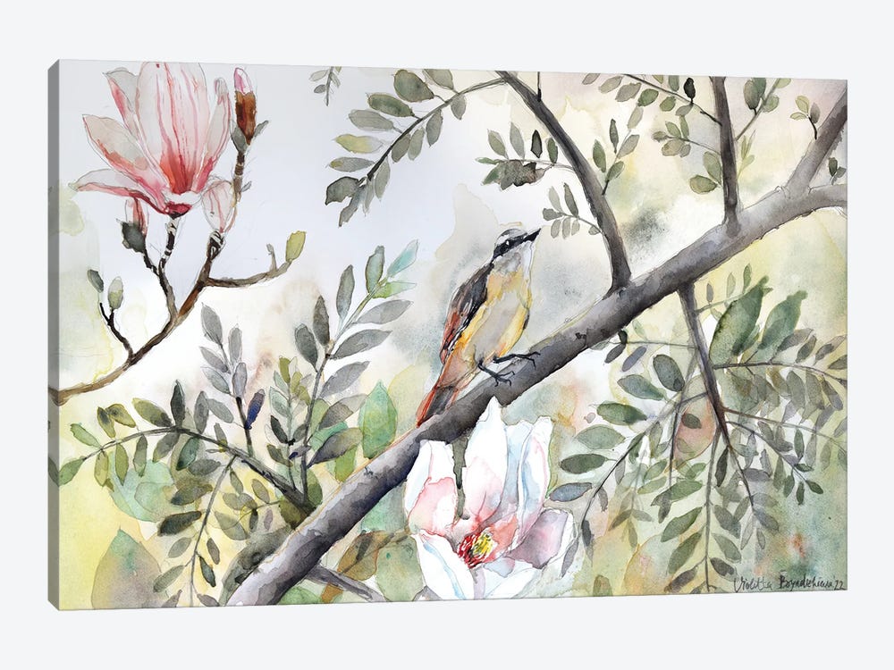 Bird On A Branch, Tree, Magnolia Blossoms, Spring by Violetta Boyadzhieva 1-piece Canvas Wall Art