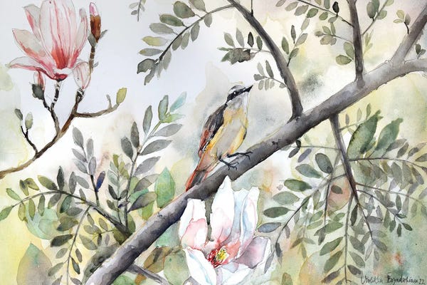 Magnolias: Bird On A Branch, Tree, Magnolia Blossoms, Spring by Violetta Boyadzhieva
