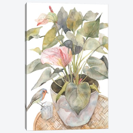 Anthurium And Bird, Flamingo Lily Plant In A Pot Canvas Print #VBY87} by Violetta Boyadzhieva Canvas Wall Art
