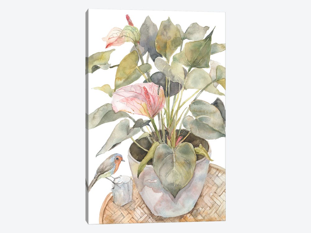 Anthurium And Bird, Flamingo Lily Plant In A Pot by Violetta Boyadzhieva 1-piece Canvas Art Print