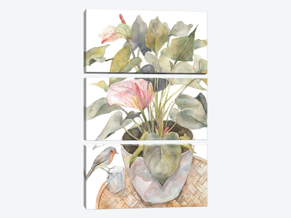 Anthurium And Bird, Flamingo Lily Plant In A Pot by Violetta Boyadzhieva 3-piece Canvas Art Print