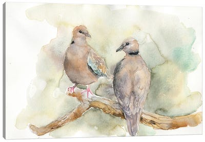 Doves On A Branch In The Forest, Autumn, Birds Canvas Art Print - Violetta Boyadzhieva