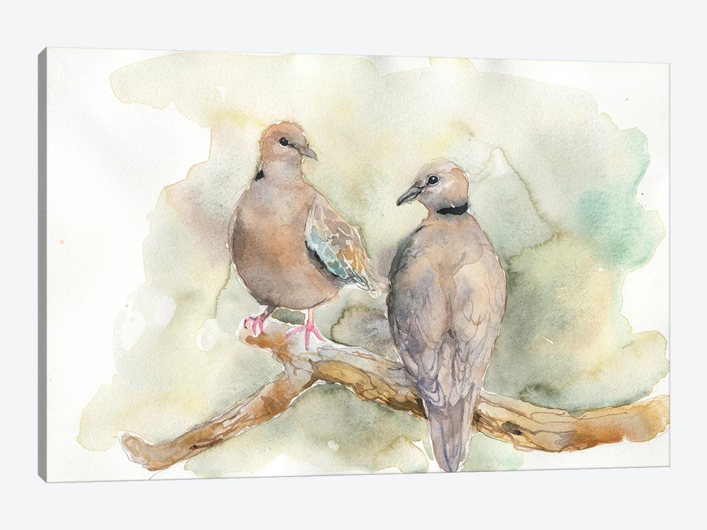 Doves On A Branch In The Forest, Autumn, Birds by Violetta Boyadzhieva 1-piece Canvas Art Print
