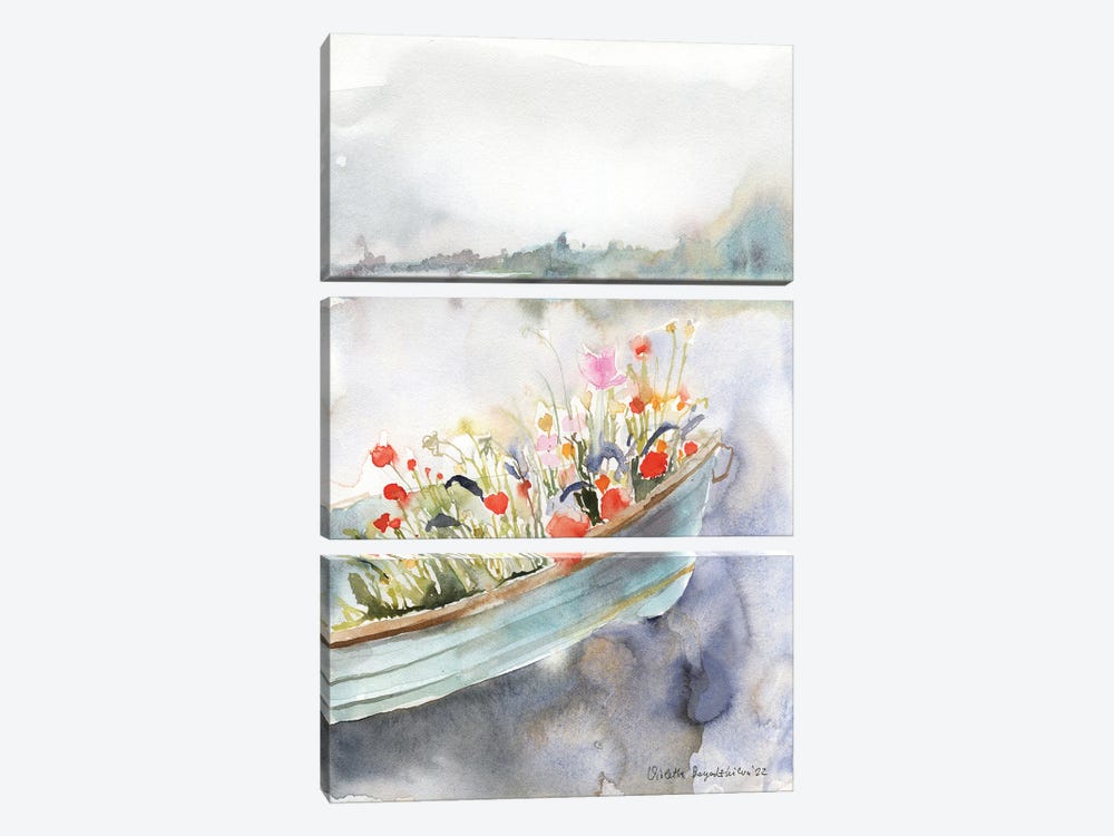 Boat Filled With Flowers On The River by Violetta Boyadzhieva 3-piece Canvas Art Print