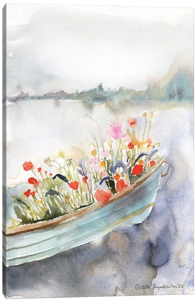 Boat Filled With Flowers On The River Canvas Art Print - Violetta Boyadzhieva