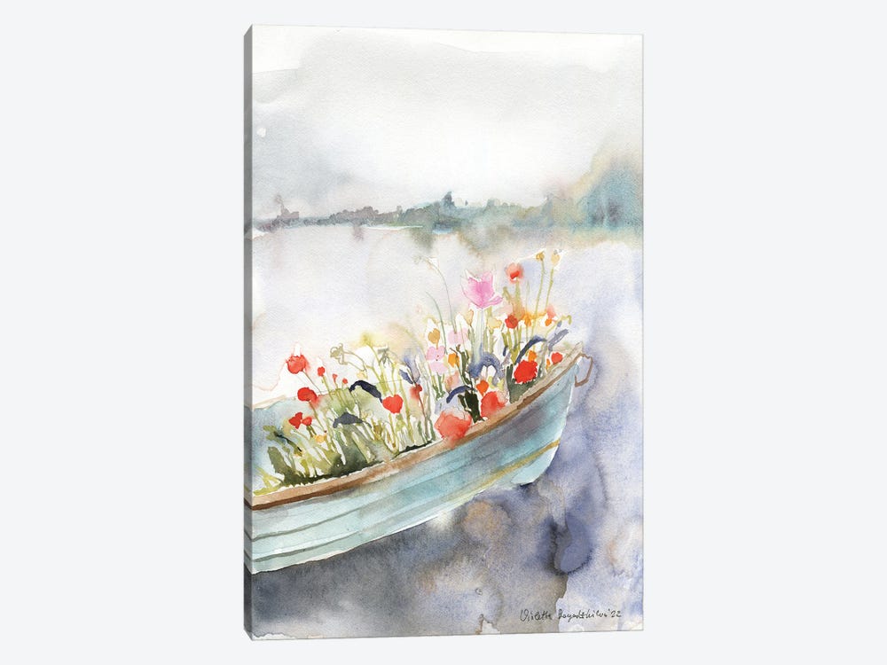 Boat Filled With Flowers On The River by Violetta Boyadzhieva 1-piece Canvas Art Print