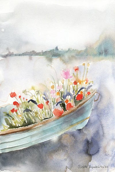 Violetta Boyadzhieva: Boat Filled With Flowers On The River by Violetta Boyadzhieva