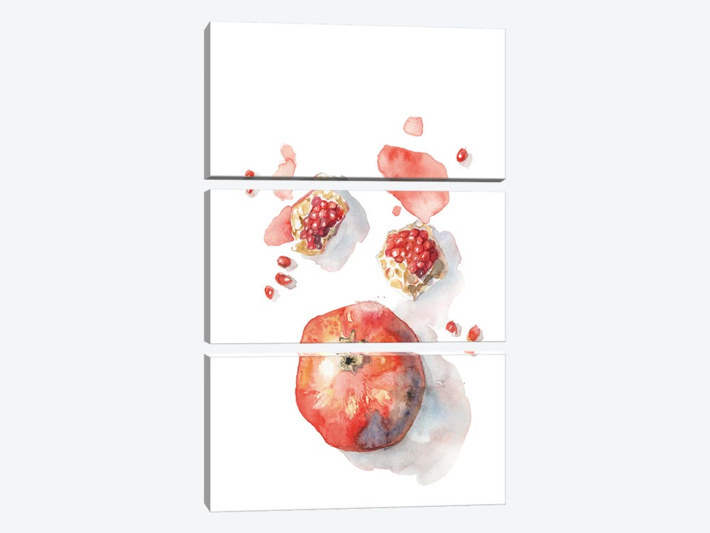 Pomegranate Fruit, Red Autumn Fruit, Cosy Watercolor by Violetta Boyadzhieva 3-piece Canvas Wall Art