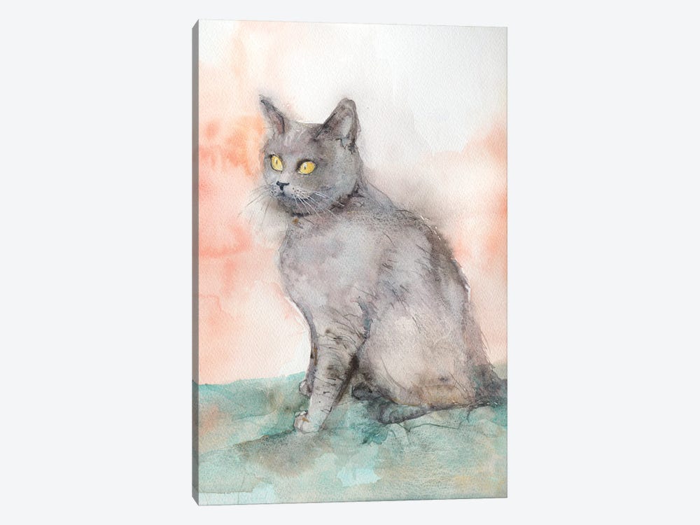 British Shorthair Blue Cat On A Green Rug, by Violetta Boyadzhieva 1-piece Canvas Print