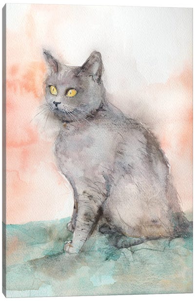 British Shorthair Blue Cat On A Green Rug, Canvas Art Print - Violetta Boyadzhieva