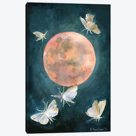 Red Moon Print, Moths And Butterflies, Beautiful Night Canvas Print #VBY95} by Violetta Boyadzhieva Art Print