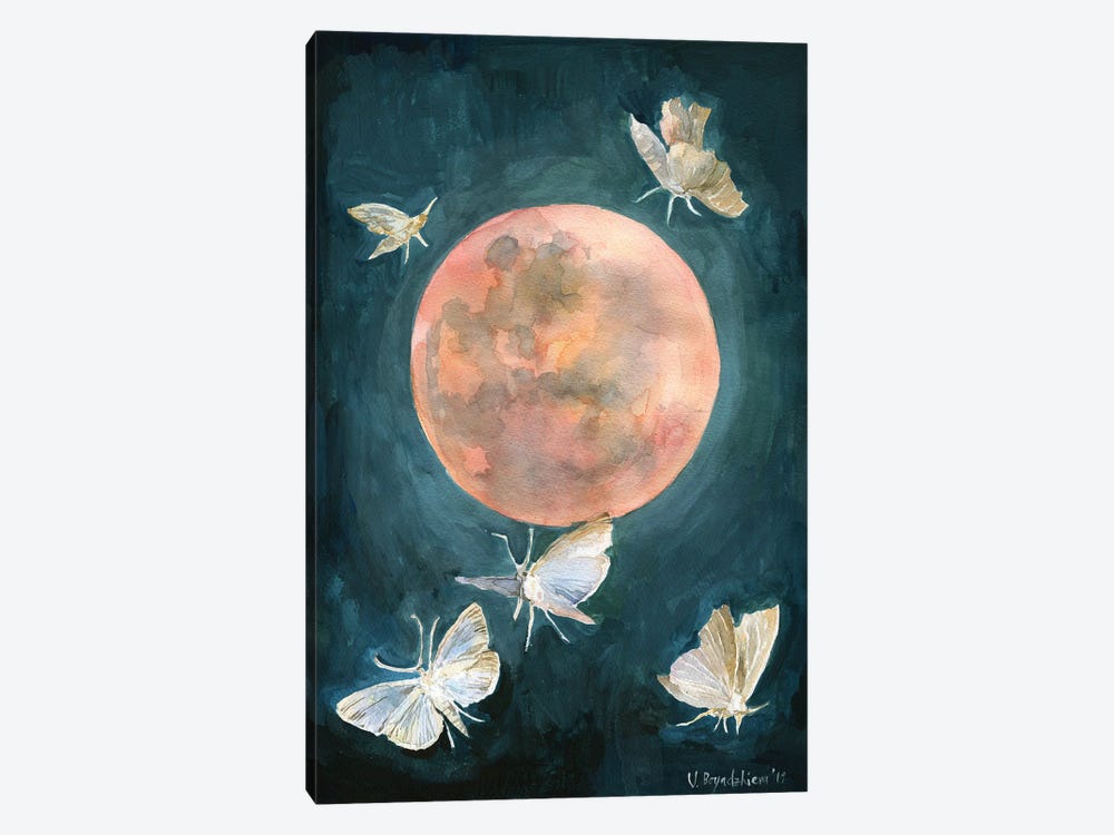 Red Moon Print, Moths And Butterflies, Beautiful Night by Violetta Boyadzhieva 1-piece Canvas Wall Art