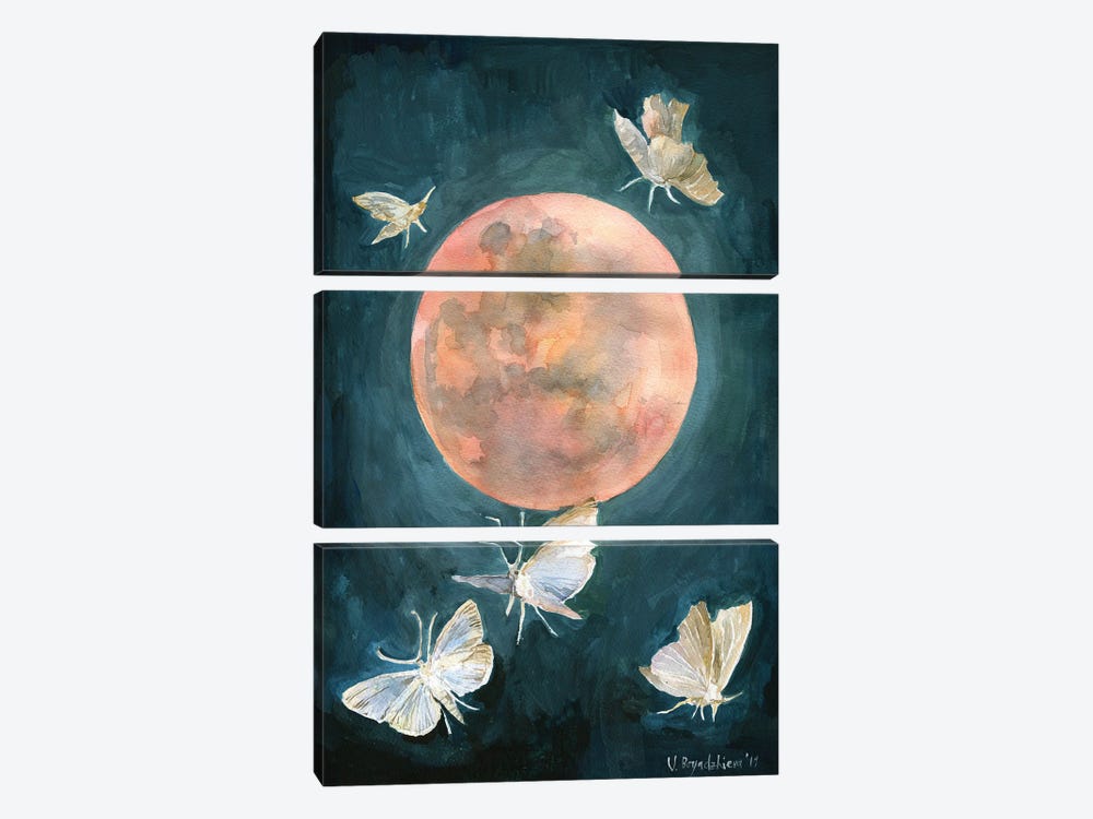 Red Moon Print, Moths And Butterflies, Beautiful Night by Violetta Boyadzhieva 3-piece Canvas Art