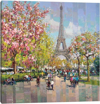 Spring By The Eiffel Tower Canvas Art Print - Cherry Blossom Art