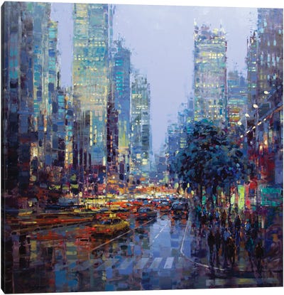 Twilight In The City Canvas Art Print - Blue Art