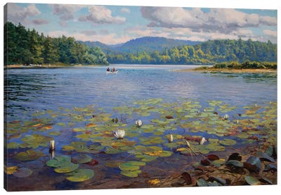 Canoeing Through Sunshine Canvas Art Print - Water Lilies Collection