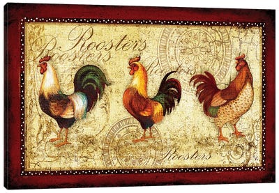 Rooster Trio Canvas Art Print - Chicken & Rooster Art