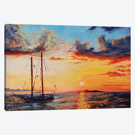 Ship On Orange Sunset Canvas Print #VFP107} by Viktoriya Filipchenko Canvas Art