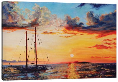 Ship On Orange Sunset Canvas Art Print