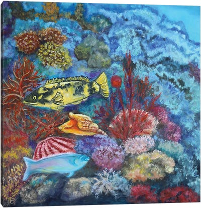 Fish On Corals Canvas Art Print - Blue Art