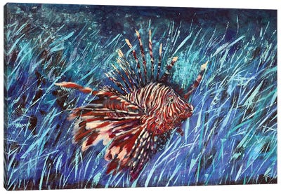 Lionfish On Sea Bottom Canvas Art Print - Blue Art