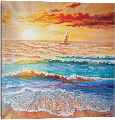 Lonely Yacht At Sunset Canvas Art Print - Viktoriya Filipchenko